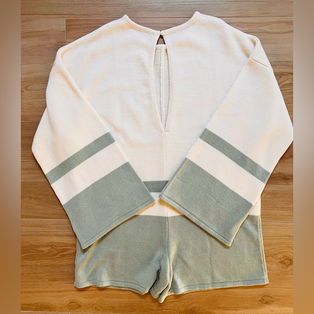 SABO Australia Knit Playsuit Romper Medium Cream Sage Striped Bell Sleeve Lounge - Picture 3 of 8